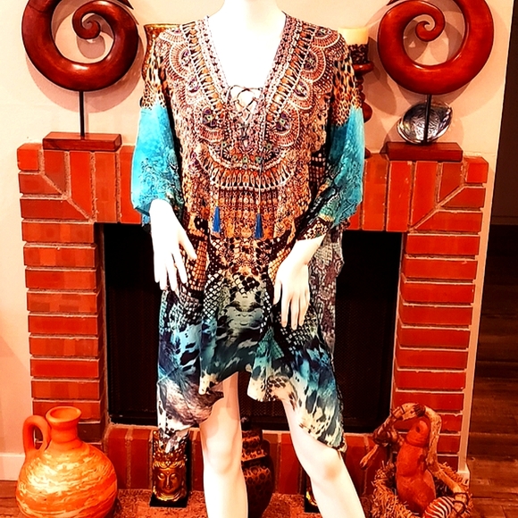 Jsquad by MANISH VAID Turq. Kaftan Cover-up New-M & L Avail. NWT - Picture 2 of 7